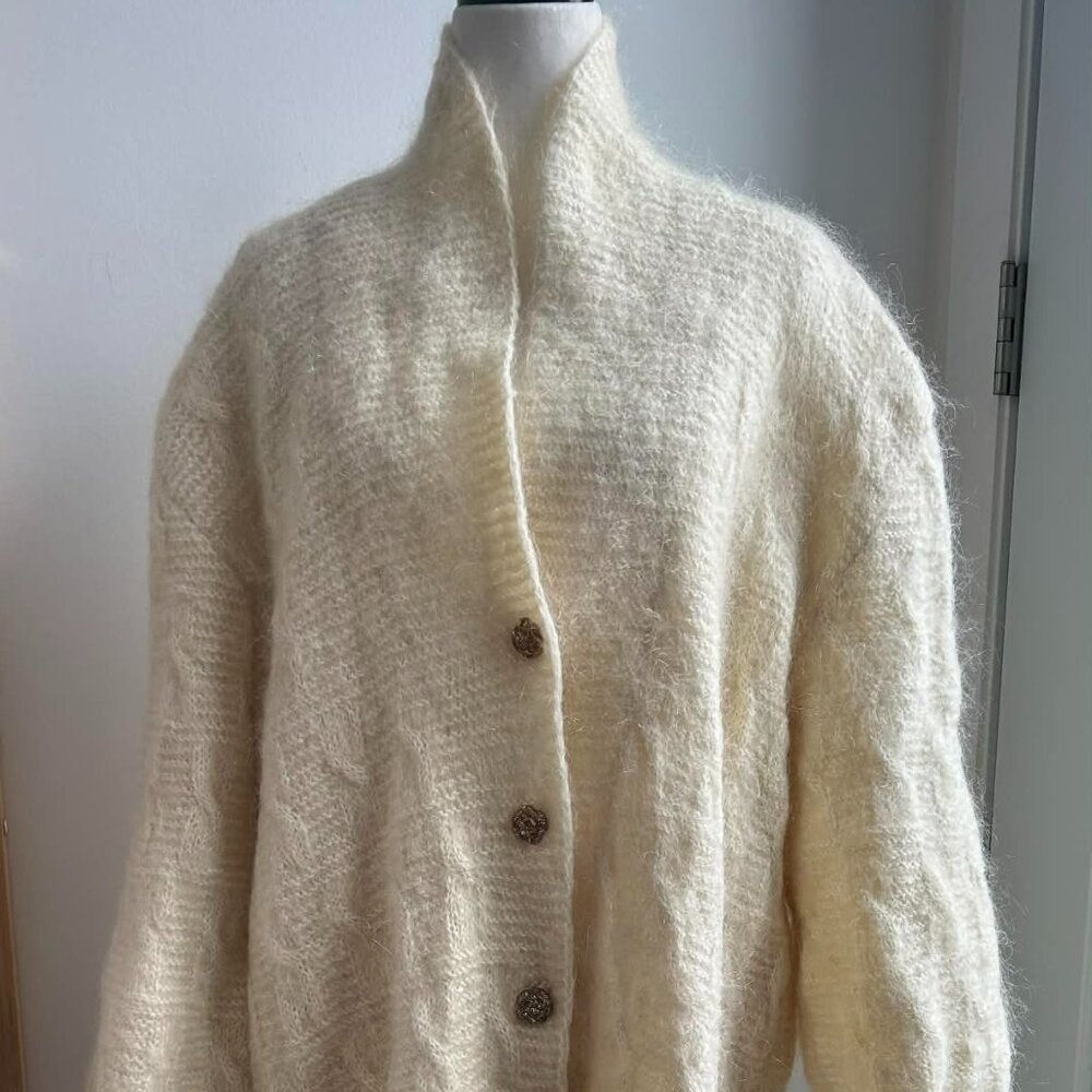 Vintage Cream Mohair Textured Stitch Knit Coat with Gold Rope Knot Buttons – XXL
